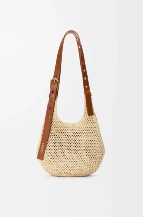 Bolsa Hobo Pequena com Perfurações em Ráfia e Pele de Bezerro