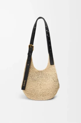 Bolsa Hobo Pequena com Perfurações em Ráfia e Pele de Bezerro