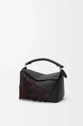 Bolsa Puzzle pequena com franjas em pele de bezerro clássica