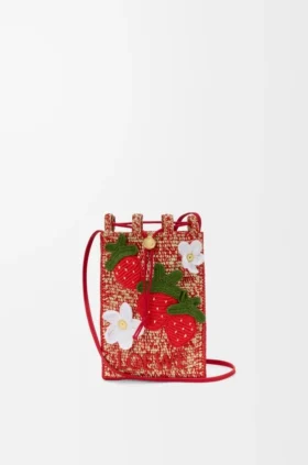 Bolso com cordão «Strawberry» em pele de bezerro clássica e ráfia