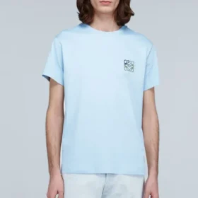 Camisa de manga curta com gola redonda em algodão bordado loewe Anagram Classic para homem, azul claro H6109230Cr-6410