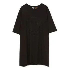 Camisa unissexo de manga curta folgada com padrão de carinha sorridente bordada, preta, S616341X20-1100