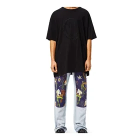 Camisa unissexo de manga curta folgada com padrão de carinha sorridente bordada, preta, S616341X20-1100