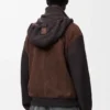 Camisola com capuz híbrida com fecho, em camurça de pele de cabra e mistura de lã Camisola com capuz híbrida com fecho, em camurça de pele de cabra e mistura de lã