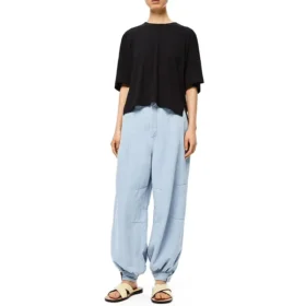 Camisola de manga curta a cores sólidas, preta S540333Xat-1100