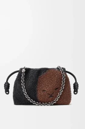 Flamenco Purse Média com Contas de Leão em lona com contas e pele de bezerro