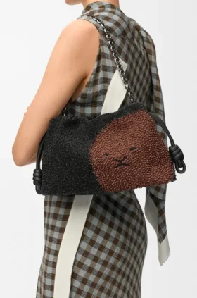 Flamenco Purse Média com Contas de Leão em lona com contas e pele de bezerro