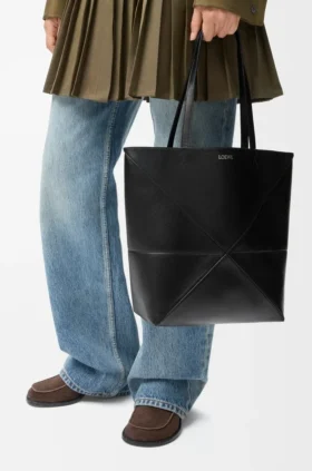 Mala Puzzle Fold saco tote em pele de bezerro brilhante