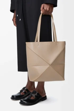 Mala Puzzle Fold saco tote em pele de bezerro brilhante