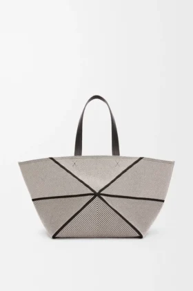 Mala Tote Puzzle Fold XXL em lona jacquard e pele de bezerro