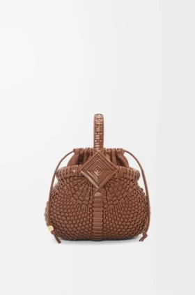 Mini-bolsa redonda tipo cesto «Diamond» em pele de bezerro