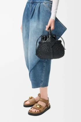 Mini-bolsa redonda tipo cesto «Diamond» em pele de bezerro